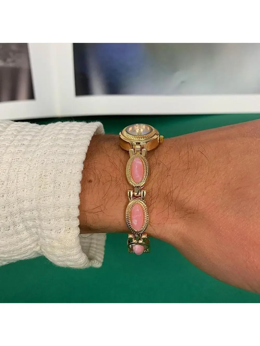 Y2k style Dainty cute Gold style tone quartz watch with pink jade stone opal acc